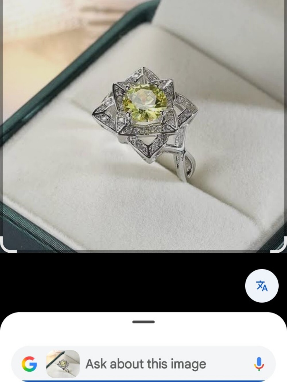 .925 Sterling Silver Floral Halo Ring with Lemon-Green Gem